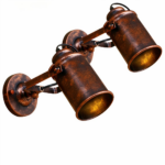 2 vintage industriële spot wandlampen in koperbruin op een witte achtergrond.