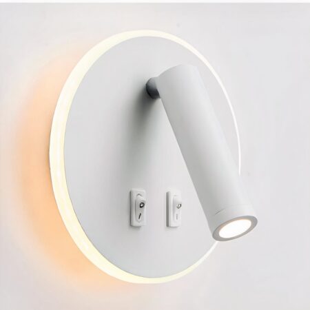 Witte ronde leeswandlamp met contourlicht, een downlighting buis en 2 schakelaars.