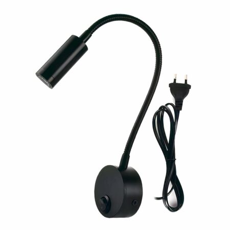 Zwarte bedrade wandlamp. Ronde voet met schakelaar, lange flexibele steel en zwarte cilinderkop. Witte achtergrond.